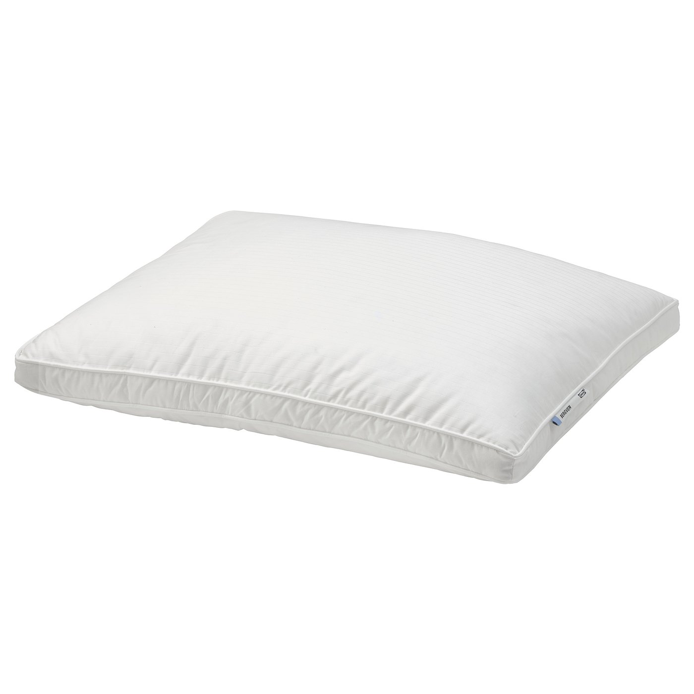 A white BERGVEN pillow with soft down and feather filling, designed for stomach sleepers, featuring double piping for support.