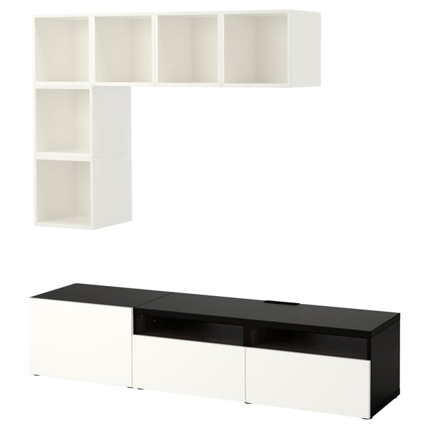 Modern tv unit: BESTÅ, white & black, cube shelves, glossy finish, adjustable feet.