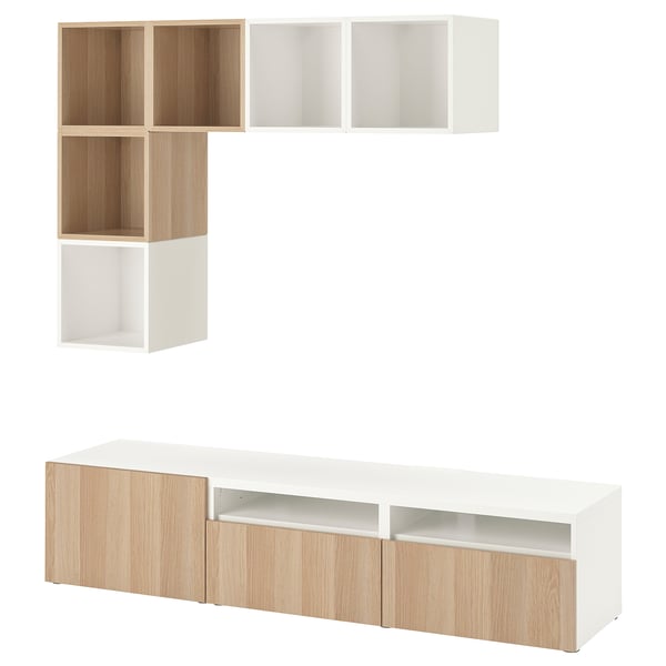 Wooden BESTÅ tv storage with open & closed compartments, wall-mounted cubes for extra storage.