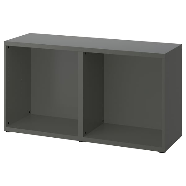 Grey BESTÅ storage unit, rectangular, 2 open sections.