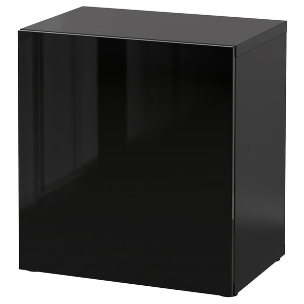 Black, glossy, cube-shaped storage unit, modern design.