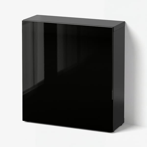 BESTÅ Shelf unit with door, black-brown/Selsviken high-gloss/black, 60x22x64 cm