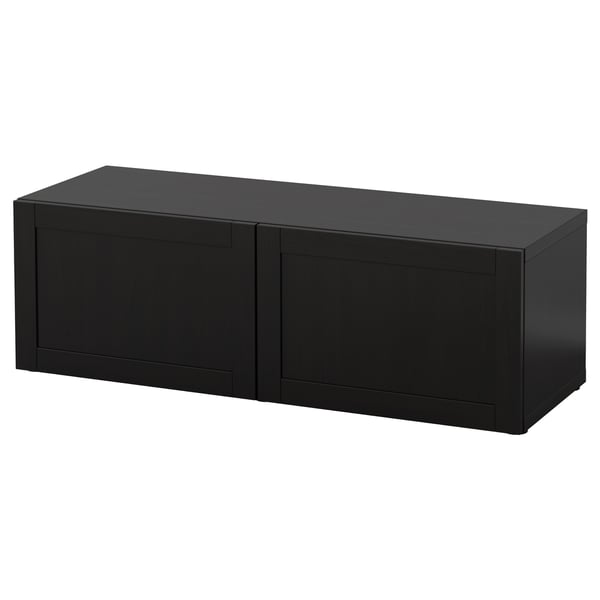 Black rectangular storage unit, minimalist design, two doors, black finish, glossy surface.