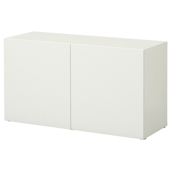 Depicts a white BESTÅ storage unit, rectangular in shape, with a sleek design and minimalistic appearance.