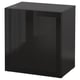 Black glossy cube cabinet, modern sleek design, four clear glass doors, precise square shape.