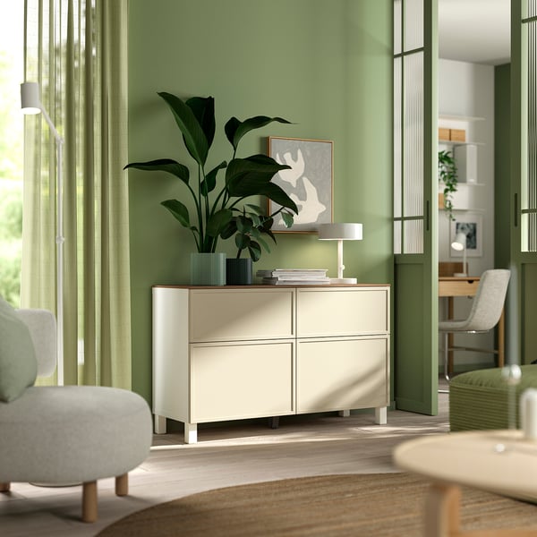 BESTÅ Storage combination w doors/drawers, white/Krukmakare beige, 120x42x75 cm