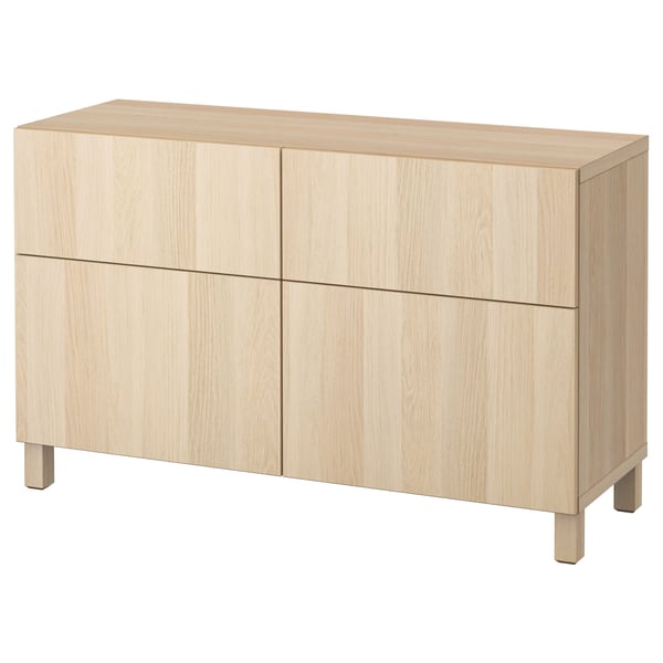 Light wood sideboard, natural finish, rectangular shape, four doors, two drawers, minimalist design.