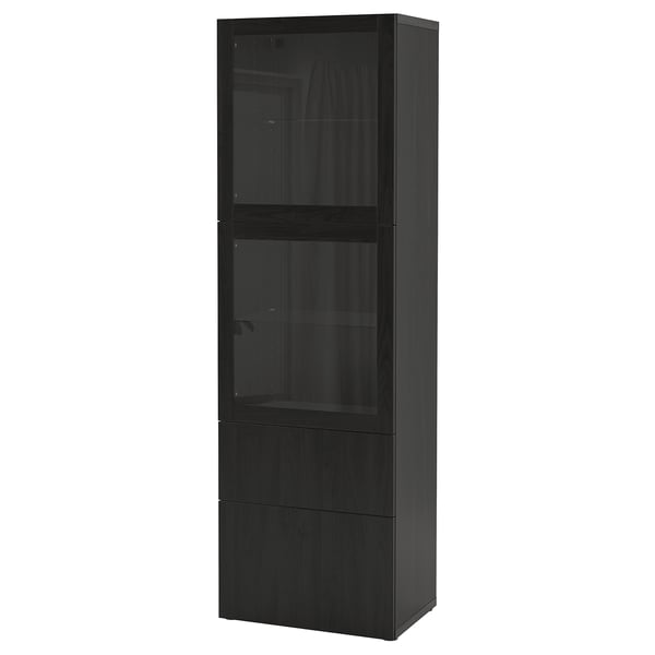 A black BESTÅ cabinet with glass doors and drawers for storing and displaying items. It a sleek design with tempered glass and particleboard.