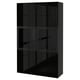 Black BESTÅ cabinet, glossy finish, rectangular shape, four glass doors, two shelves.