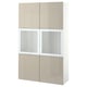 A beige BESTÅ storage unit with glass doors. It has a modern design, featuring adjustable shelves and a glossy finish.