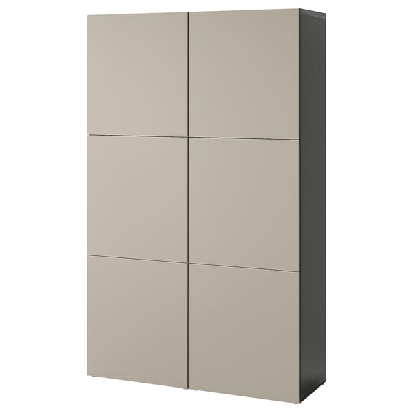 Modern beige BESTÅ storage cabinet with four doors, rectangular shape. Adjustable shelves, soft-closing/push-open doors.