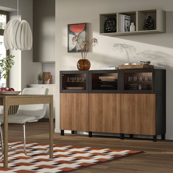 BESTÅ Storage combination with doors, black-brown Lappviken/Sindvik walnut effect, 180x42x112 cm