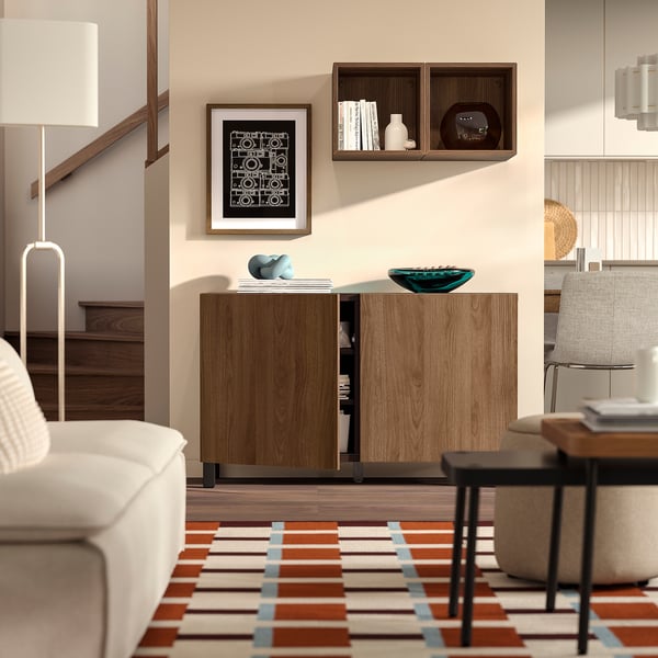 BESTÅ Storage combination with doors, black-brown/Lappviken/Stubbarp walnut effect, 120x42x74 cm