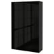 Black BESTÅ storage unit; modern, high-gloss, rectangular design; multiple sections, adjustable shelves.