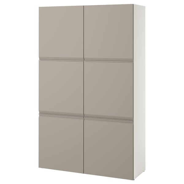 A BESTÅ storage unit in beige with a square design. It six closed compartments and sleek edges, ideal for organising household items.