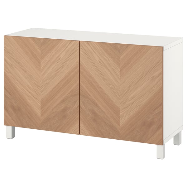 White & light wood sideboard, rectangular, two doors, minimalist, modern design.