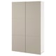 A tan-colored BESTÅ cabinet with adjustable shelves and soft-close doors, showcasing a modern, rectangular design.