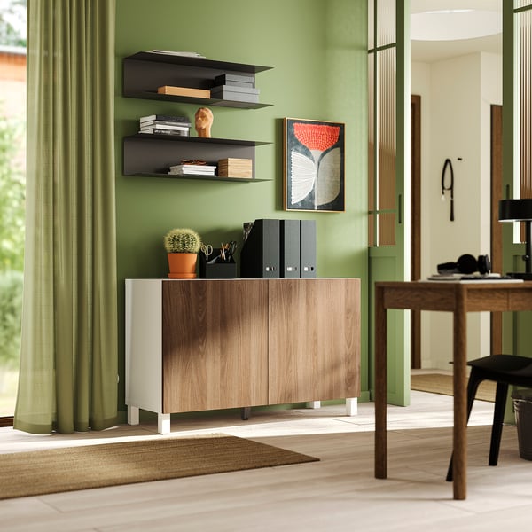 BESTÅ Storage combination with doors, white/Lappviken/Stubbarp walnut effect, 120x42x74 cm