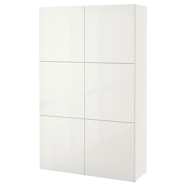 White BESTÅ storage cabinet, sleek and modern design with six adjustable shelves, made of particleboard and fibreboard.