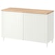 Modern white BESTÅ sideboard with wooden top. Vertical grooves, four legs, sturdy design for storage.