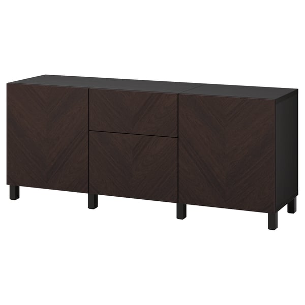 Dark wood grain sideboard, rectangular, with four doors and two drawers, sturdy legs.