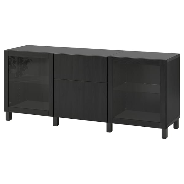 A black ikea BESTÅ sideboard with glass doors, featuring sleek lines and a modern design.