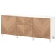A white and wood grain sideboard, named BESTÅ, with multiple storage compartments.