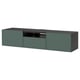 BESTÅ tv bench in green with wooden top. Rectangular shape, open center, two drawers, and cabinets.