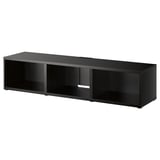 Black BESTÅ tv bench, sleek and modern with open compartments for storage and cable management.