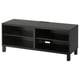 Black BESTÅ tv stand, rectangular shape with 2 open shelves, adjustable shelves, cable management, sleek design.