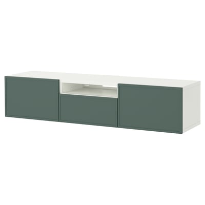 Ikeas BESTÅ tv bench in white and green. It has a rectangular shape with two cabinets and one open shelf, designed for storage and cable management.