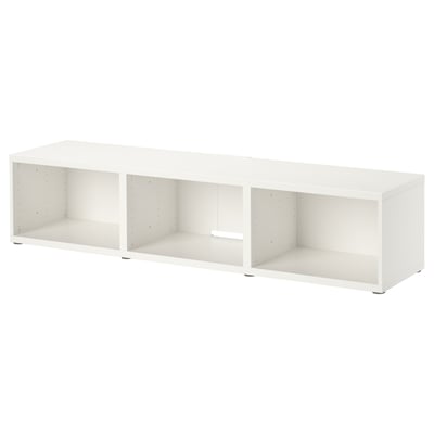 White BESTÅ tv bench, rectangular shape, open storage.