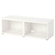 A white BESTÅ tv bench with open compartments, perfect for storage and display.