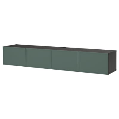 BESTÅ TV bench with doors, black-brown/Krukmakare dark grey-green, 240x42x38 cm