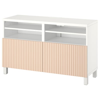 BESTÅ tv bench: modern, white & beige wood, adjustable shelves, cable management