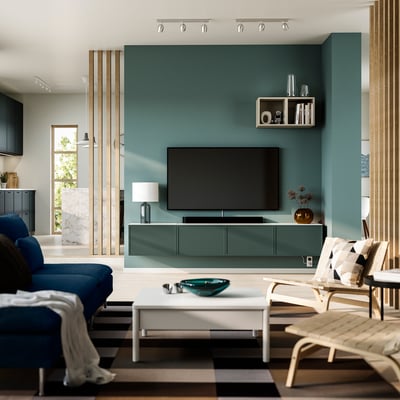 BESTÅ TV bench with doors, white/Krukmakare dark grey-green, 240x42x38 cm