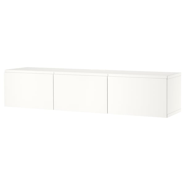 White BESTÅ tv bench, rectangular, wall-mounted, minimalist design.