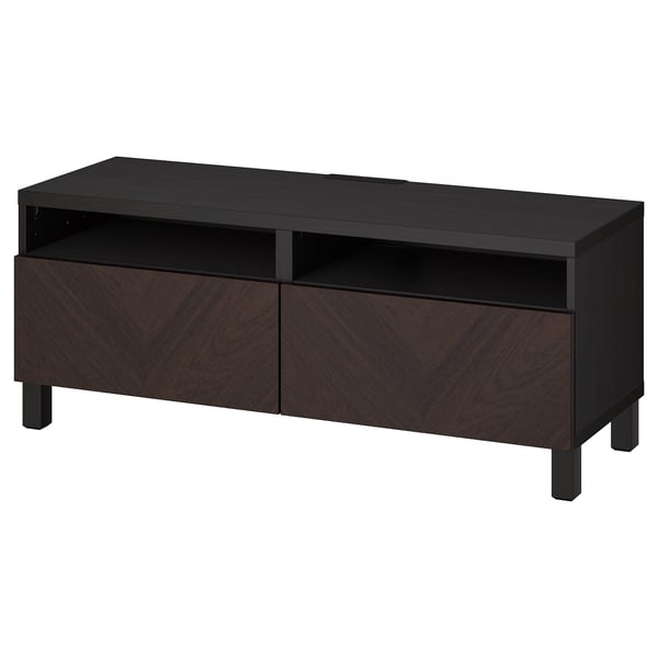 Black and dark brown tv stand with drawers and open shelf.