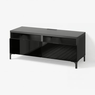BESTÅ TV bench with drawers, black-brown/Selsviken high-gloss/black, 120x42x48 cm