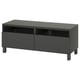 Modern grey BESTÅ tv stand, rectangular with two drawers, open storage, adjustable shelves, cord management, dark wood legs.