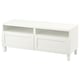 White BESTÅ tv unit. Minimalist design, two drawers, open shelf, light wooden legs.