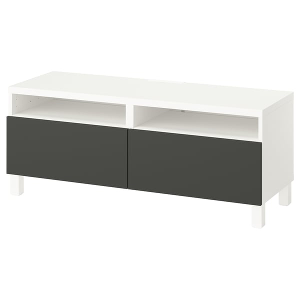 Modern white tv stand with 2 grey drawers and open shelf, sleek design.