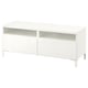 White BESTÅ tv stand, modern design with open section and two drawers, made of particleboard and steel.
