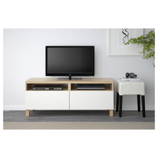 Modern tv unit with soft-closing drawers, cable management, and adjustable legs.