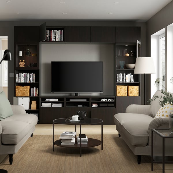 Modern living room with BESTÅ tv unit, featuring adjustable shelves, cable management, and soft-closing drawers.