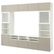 White and beige BESTÅ tv unit with adjustable shelves.