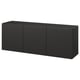 Black modular storage cabinet, wall-mounted, sleek design with flat doors. Made from particleboard and metal hardware for sturdy storage.