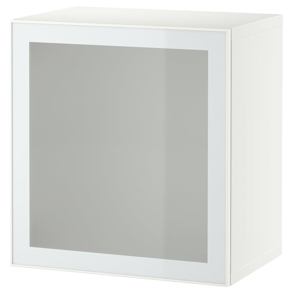 White BESTÅ storage unit with frosted glass door and square shape.