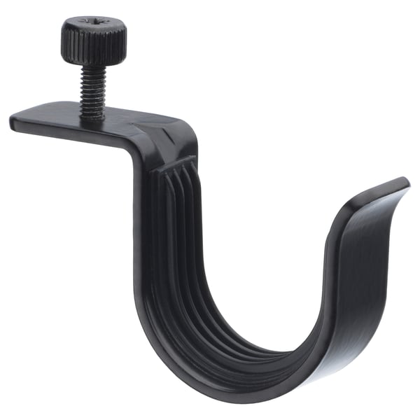 Black steel curtain rod hook with clamp, anti-slip liners, white background.