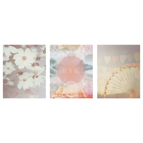 Three posters: flowers, think in magic, partial ferris wheel.